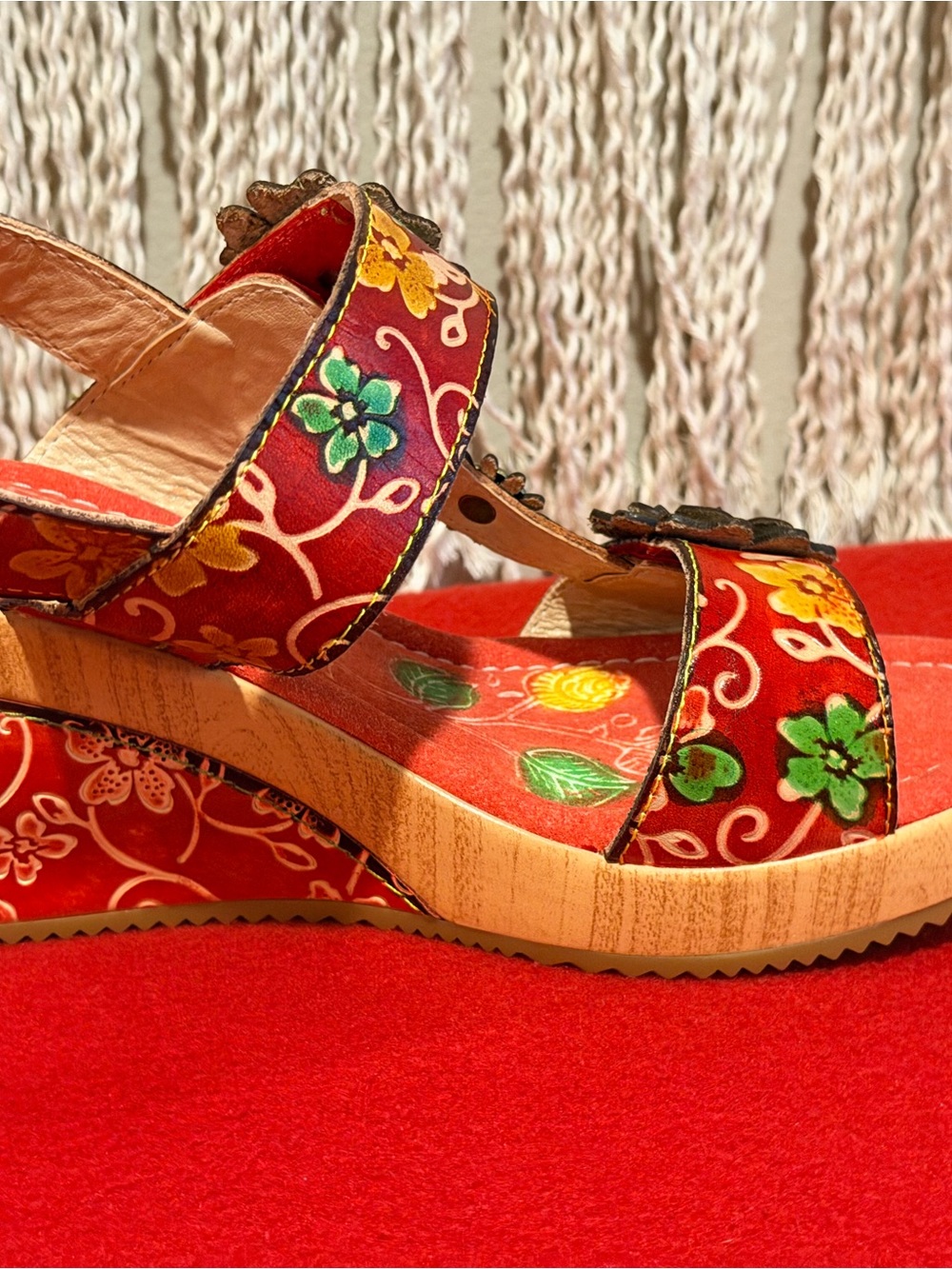Spring Step L’Artiste Red Floral Platform Slide Sandals with Colorful Accents - Picture 2 of 10